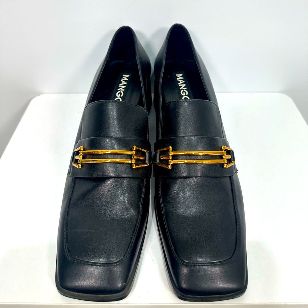 Mango Black Leather Loafers with Gold Accents Size 9.5